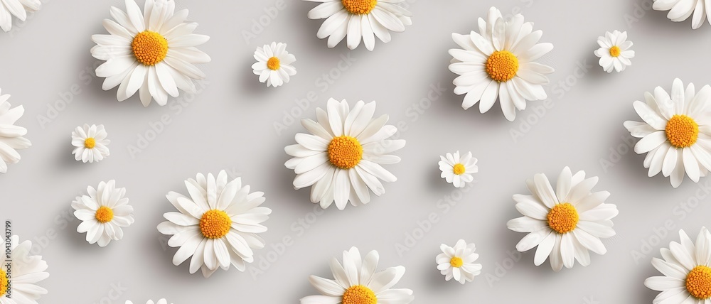 Daisies scattered on a light gray surface, creating a delicate floral pattern. Daisies scattered on a light gray surface, creating a delicate floral pattern.