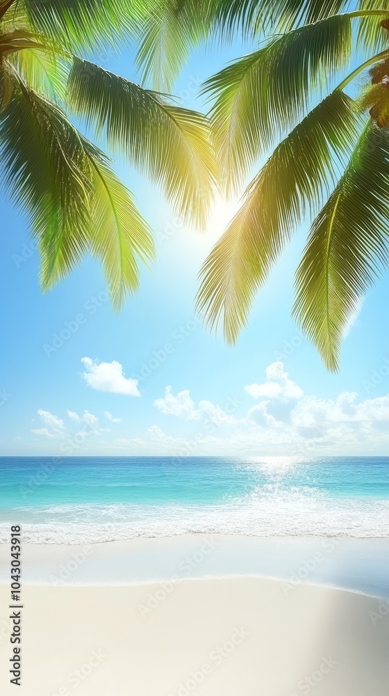 Fototapeta premium Tropical beach with palm trees, blue sky and ocean.