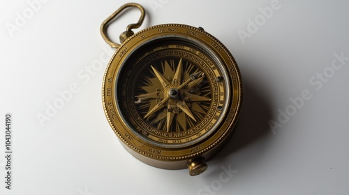 A beautifully aged brass compass with intricate engravings placed on a white background. The compass shows a vintage, worn appearance, with detailed patterns etched into its surface. photo