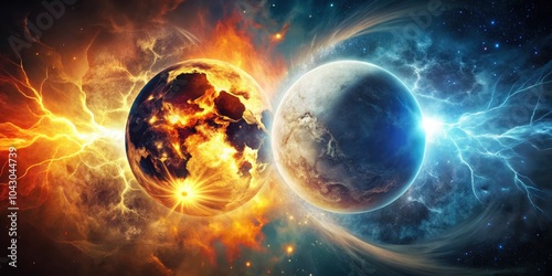 Artistic Night and Day: Epic Sun and Moon Battle Concept Art Illustration for Vintage Style Photography, Celestial Themes, Fantasy Elements, and Surreal Landscapes