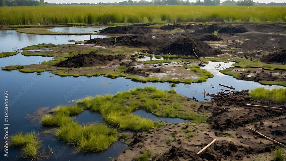 A drying riverbed next to farmland over-irrigated for agriculture, symbolizing the depletion of freshwater resources and the growing water scarcity crisis. A drying riverbed next to farmland over-irrigated for agriculture, symbolizing the depletion of freshwater resources and the growing water scarcity crisis.