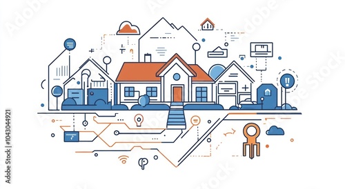 Illustration of smart homes with technology integration and connectivity features.