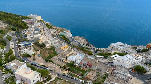 Aerial view of Santa Cesarea Terme in the province of Lecce, Salento, Puglia, Italy. It is a small tourist town overlooking the Adriatic Sea.