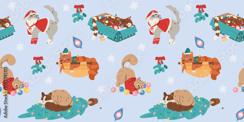 Christmas funny cats vector seamless pattern. Cute cats in sweaters and scarfs, deer antlers and wreath playing with garlands, Christmas toys and tree.