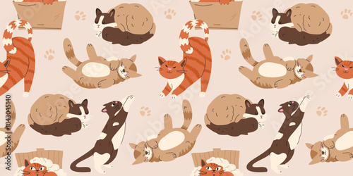 Different cute cats seamless vector pattern.