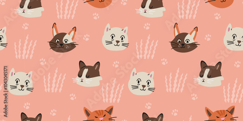 Different cute cats heads seamless vector pattern.