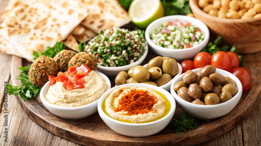Middle Eastern Meze Platter with Hummus, Falafel, Tabbouleh and Olives Middle Eastern Meze Platter with Hummus, Falafel, Tabbouleh and Olives