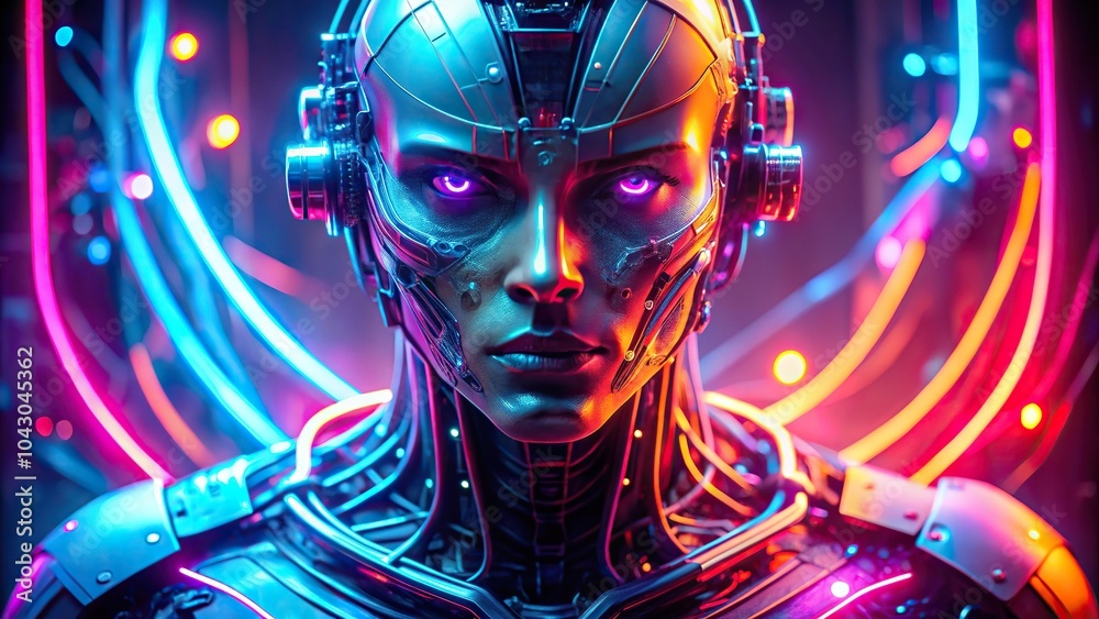 Obraz premium Futuristic cyborg with neon elements in dim lighting Extreme Close-Up