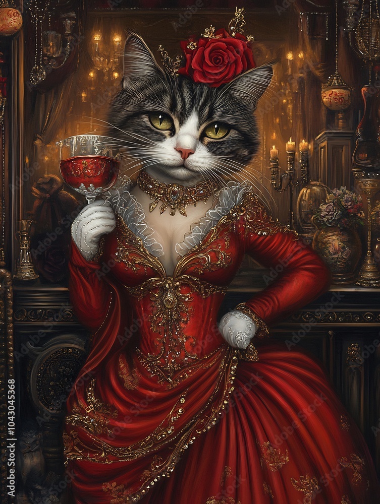 Female cat in a glamorous red gown on a Hollywood-style background. Female cat in a glamorous red gown on a Hollywood-style background.