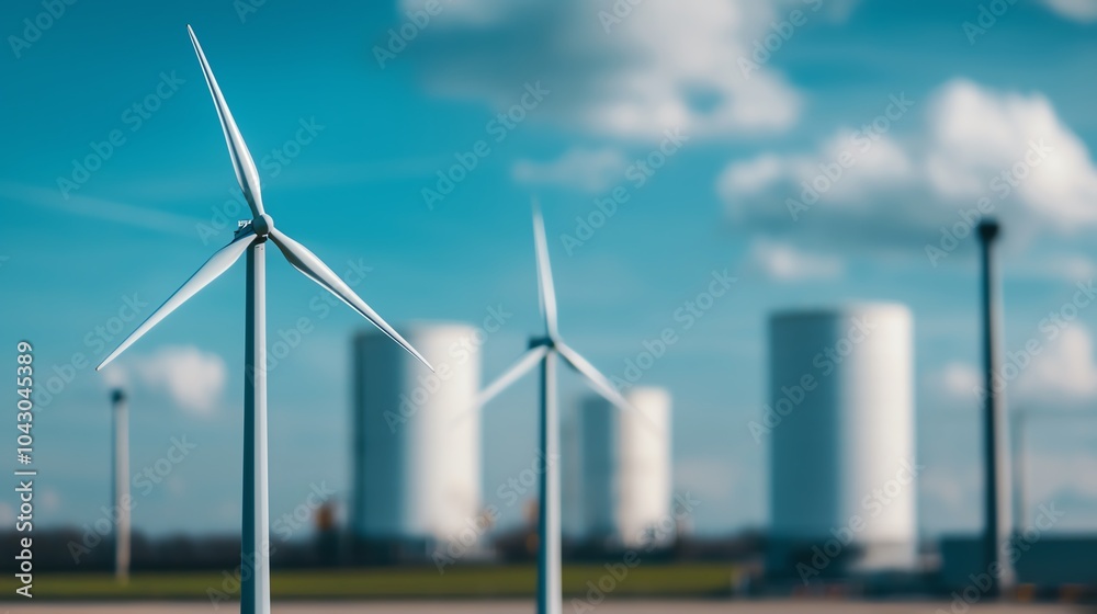 A serene landscape featuring wind turbines in the foreground and large white structures in the background, under a bright blue sky with fluffy clouds. A serene landscape featuring wind turbines in the foreground and large white structures in the background, under a bright blue sky with fluffy clouds.