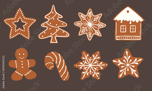 Christmas Gingerbread Cookie. Set of winter sweet homemade biscuits in the form of different characters and holiday items isolated on white background. Cute Cartoon vector illustration