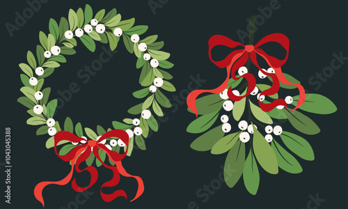 Sprig of mistletoe with a red bow. Mistletoe wreath. Vector illustration