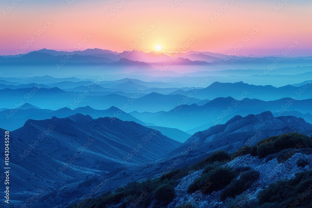 Fototapeta premium Mountains with a sunset in the distance