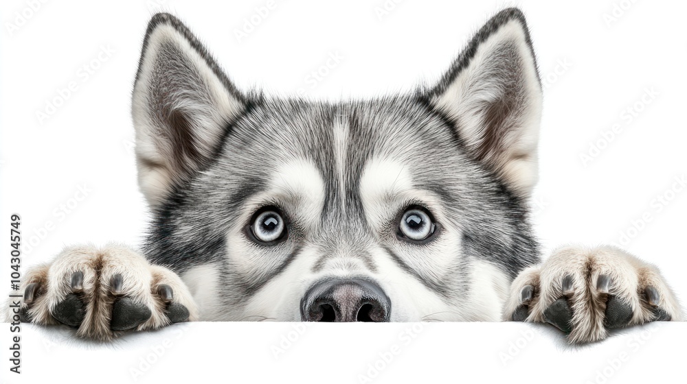 Obraz premium A close-up of a husky dog's face and paws peeking over a surface, displaying curiosity.