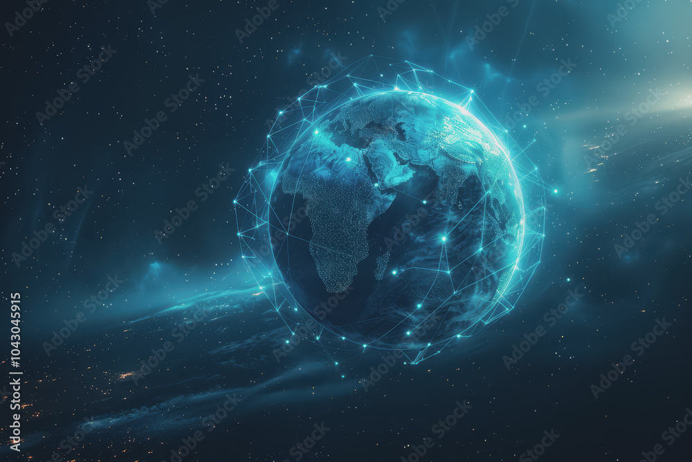 Obraz premium Abstract background with blue gradients and glowing planets made up of interconnected dots and lines