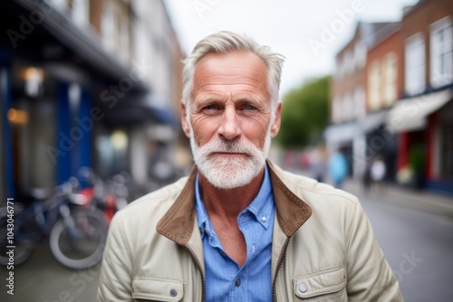 Portrait of a senior man with grey beard in the city.