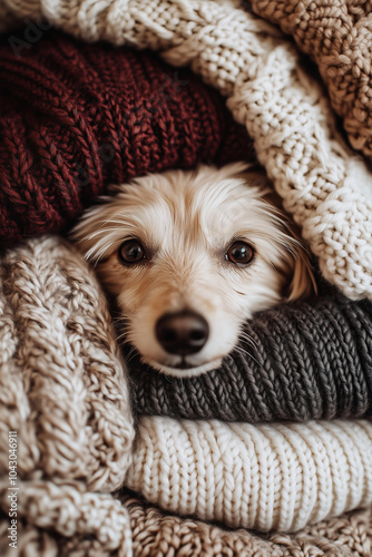 cute dog peeking out from behind a pile of knitted Christmas sweaters, muted colors, an aesthetic style, a knolling layout, macro photography, knits, wool texture, soft lighting, knitwear and sweater  photo