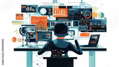 Vector illustration of a man sitting at a desk in front of a computer monitor..