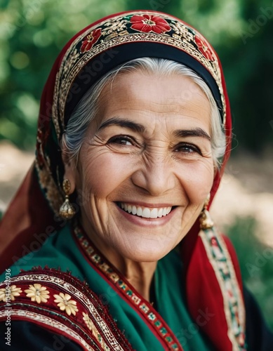 A mature Tajik woman 75 years old smiles showcasing intricate traditional attire and rich cultural heritage of her nationality, evoking wisdom and grace. Brunette woman, wearing a headscarf. AI photo