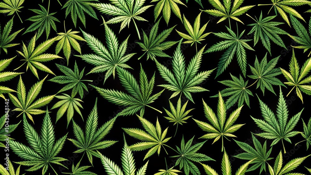 Cannabis Leaf Silhouette Pattern for Medical Use, Hemp Texture with Psychedelic Grass Design on Black Background, Ideal for Wallpaper and Fabric Print Cannabis Leaf Silhouette Pattern for Medical Use, Hemp Texture with Psychedelic Grass Design on Black Background, Ideal for Wallpaper and Fabric Print