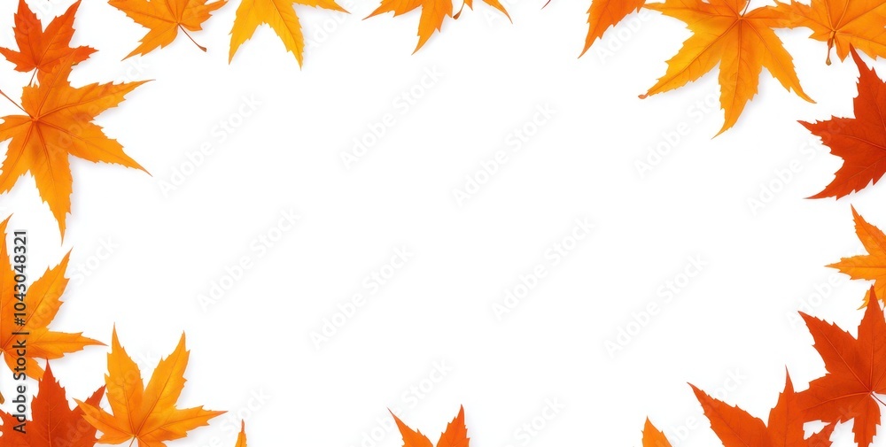 A frame of vibrant orange maple leaves surrounding a blank white space. A frame of vibrant orange maple leaves surrounding a blank white space.