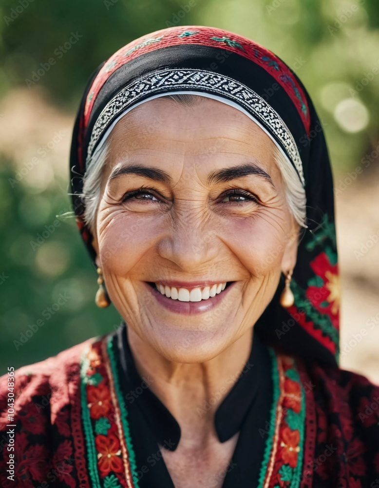 A mature Tajik woman 75 years old smiles showcasing intricate traditional attire and rich cultural heritage of her nationality, evoking wisdom and grace. Brunette woman, wearing a headscarf. AI A mature Tajik woman 75 years old smiles showcasing intricate traditional attire and rich cultural heritage of her nationality, evoking wisdom and grace. Brunette woman, wearing a headscarf. AI