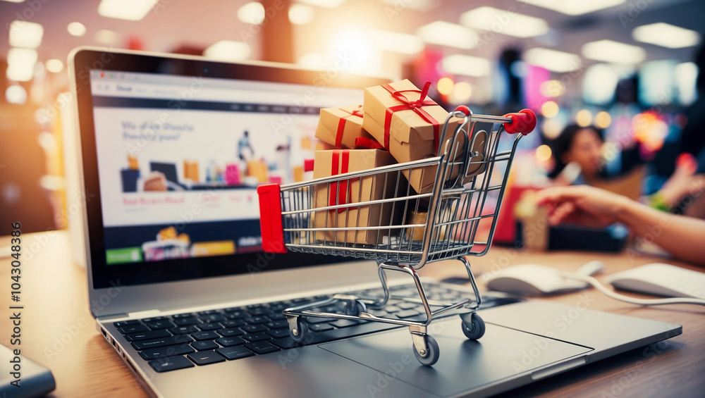 A shopping cart filled with packages sits on a keyboard, with a busy online store on the screen, Online Shopping Frenzy A shopping cart filled with packages sits on a keyboard, with a busy online store on the screen, Online Shopping Frenzy