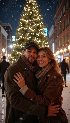 Young couple embracing in a snowy street with Christmas tree lights, joyful mood, winter atmosphere