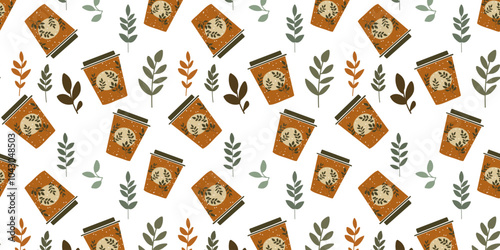 Cartoon seamless pattern with craft cups of hot coffee