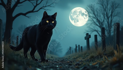 Spectral black cat wandering a shadowy graveyard on Halloween night with glowing eyes under the haunted moon.