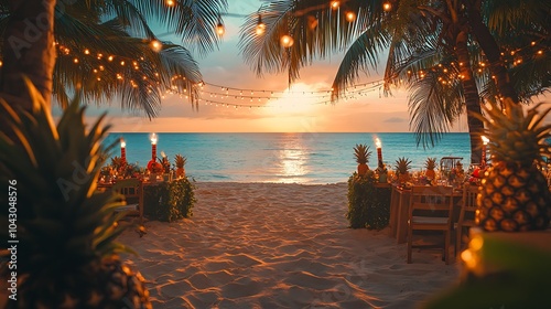 A tropical beach-themed birthday setup with palm leaves, tiki torches, and pineapple centerpieces arranged on a sandy beach, colorful decorations, and string lights hanging between palm trees,