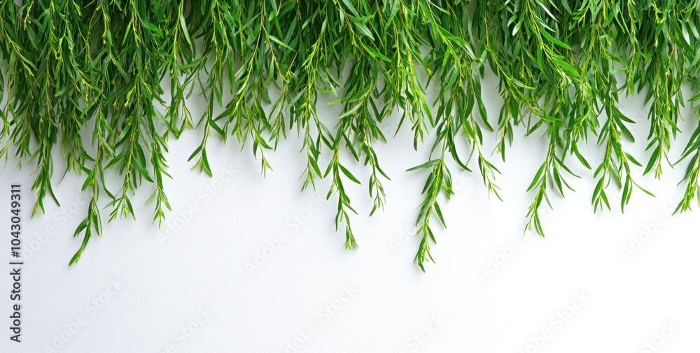 Obraz premium A close-up of green foliage cascading over a white background, creating a fresh aesthetic.