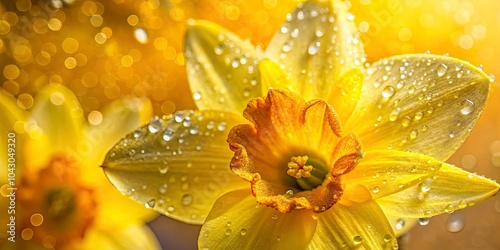 Close-Up of Daffodil Flower Petals with Water Drops, Minimalist Photography, Nature, Floral Aesthetics, Spring Blooms, Macro Shot, Freshness, Vibrant