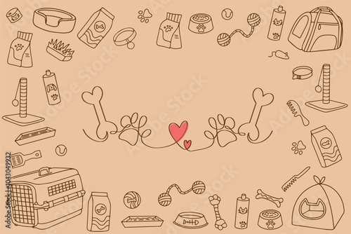 Hand drawn pet shop assortment in doodle style. Vector illustration. Vector illustration