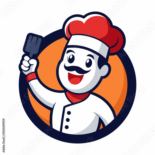 Chef blogger mascot logo, taking a selfie with a delicious dish