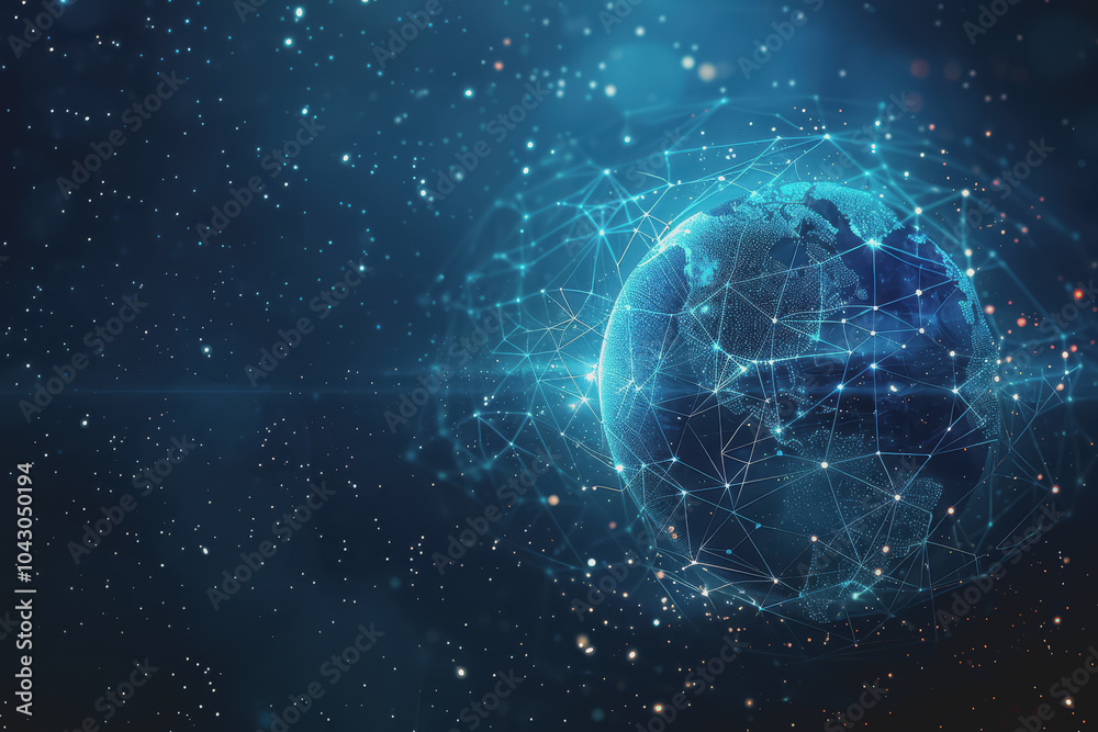 Obraz premium Abstract background with blue gradients and glowing planets made up of interconnected dots and lines