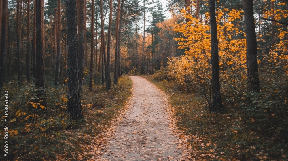 Obraz premium A winding path through a forest in autumn.