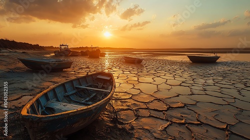 29 Coastal village fighting against the El Nino heat, fishing boats on cracked sand, long shadows as the sun sets, panoramic shot, warm orange and gold tones, fading light photo