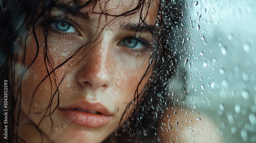 Close-up portrait of a woman with wet hair gazing intensely through rain-drenched glass, conveying emotions of contemplation and mystery. Close-up portrait of a woman with wet hair gazing intensely through rain-drenched glass, conveying emotions of contemplation and mystery.