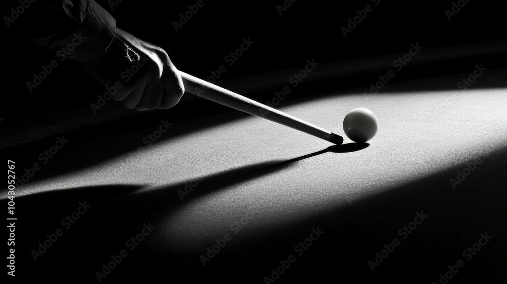 Fototapeta premium Player shadow with a cue, making a precise shot at the billiard ball.