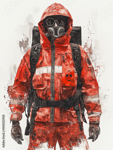 Person in red hazmat suit with gas mask, illustrating concept of safety, protection, and emergency response in hazardous environments.