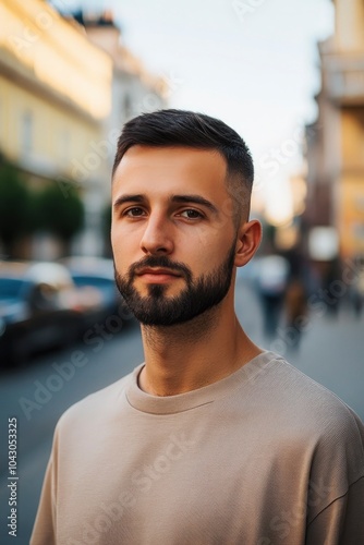 Portrait of a male designer Slavic appearance 25 years old with a short beard and dark short hair