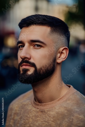 Portrait of a male designer Slavic appearance 25 years old with a short beard and dark short hair