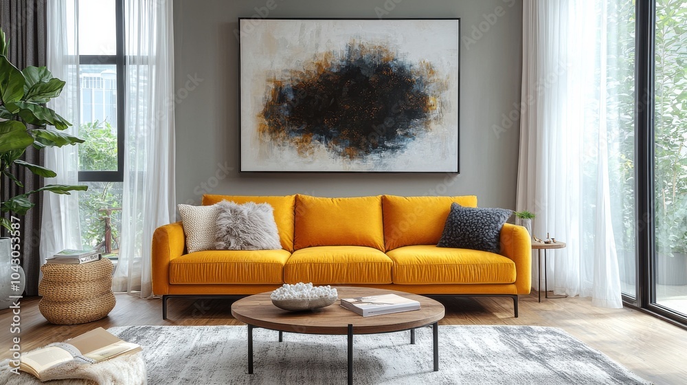 Fototapeta premium Contemporary living room with deep mustard couch and modern abstract art on the wall