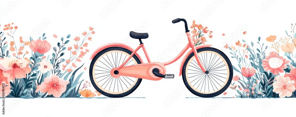 Fototapeta premium Charming pink bicycle surrounded by beautiful floral decorations and hearts for a whimsical garden scene