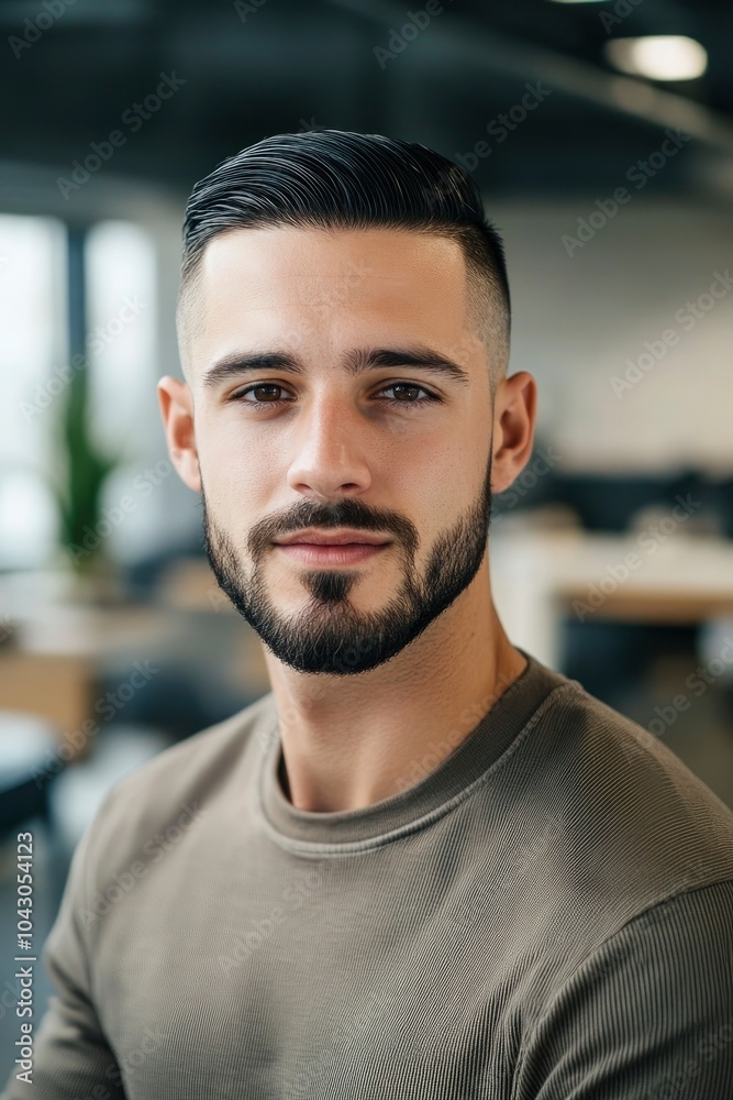 Portrait of a caucasian male 25 years old with a short beard and short black hair slicked to the side Portrait of a caucasian male 25 years old with a short beard and short black hair slicked to the side