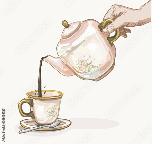 ceramic tea pot hand pouring coffee in two cupps tea time party classical pottery tableware container illustration on white background