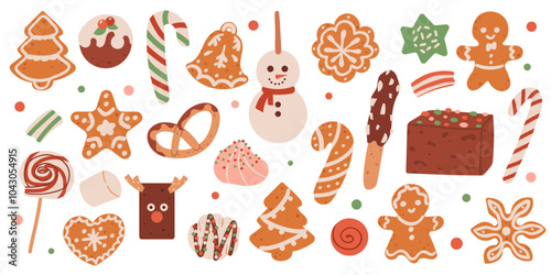 Christmas holiday sweets. Xmas gingerbread cookies, lollipops, pastry, cake vector illustration set. Traditional holiday treats. Sweet Christmas biscuit, traditional treat to holiday