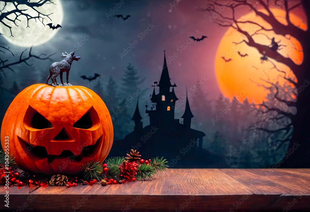 Fototapeta premium Halloween Pumpkin on a Wooden Table with a Haunted House in the Background.