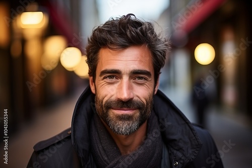 Portrait of a handsome man with beard in the city at night